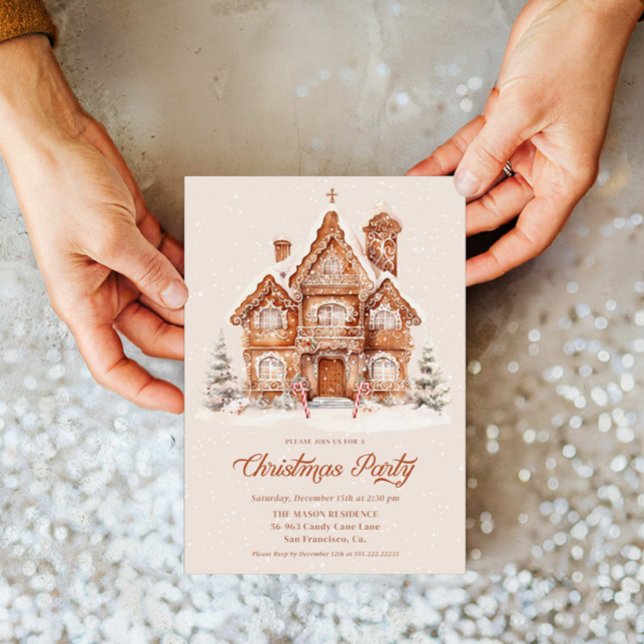 Elegant Gingerbread House Christmas Party Invitation (Elegant Gingerbread Christmas Party Invitation)