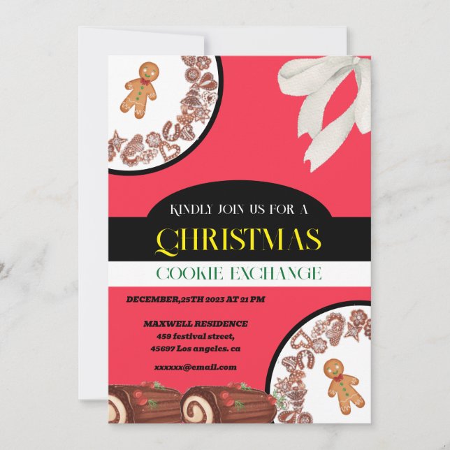 elegant gingerbread red christmas cookie exchange invitation (Front)