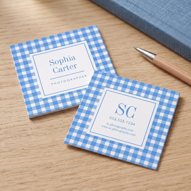 Elegant Gingham Monogram Square Business Card (Simulated business cards on table)