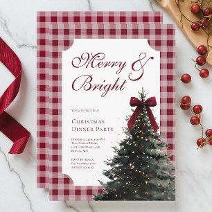 Elegant Gingham Red Bow Christmas Dinner Party Invitation