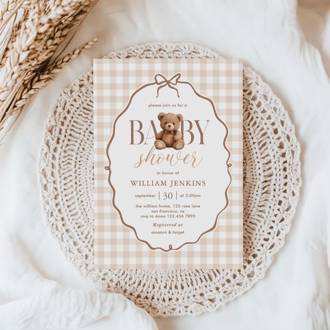 Elegant Gingham Teddy Bear Baby Shower Invitation (Creator Uploaded)