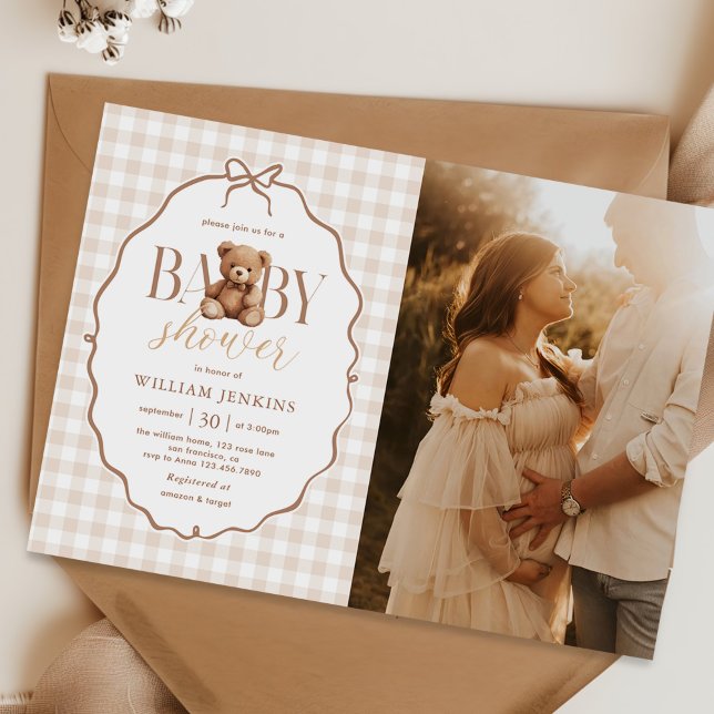 Elegant Gingham Teddy Bear Baby Shower Photo Invitation (Creator Uploaded)