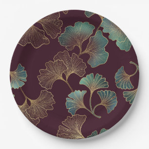 Elegant Ginkgo Leaf in Burgundy and Teal (1) Paper Plate
