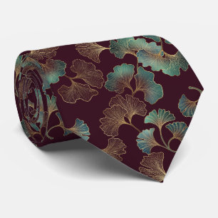 Elegant Ginkgo Leaf in Burgundy and Teal (1) Tie