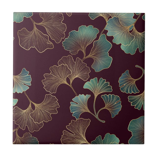 Elegant Ginkgo Leaf in Burgundy and Teal (1) Tile (Front)