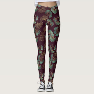 Elegant Ginkgo Leaf in Burgundy and Teal Leggings