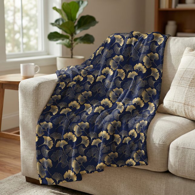 Elegant Ginkgo Leaf Pattern Navy Blue Gold Fleece Blanket (Creator Uploaded)