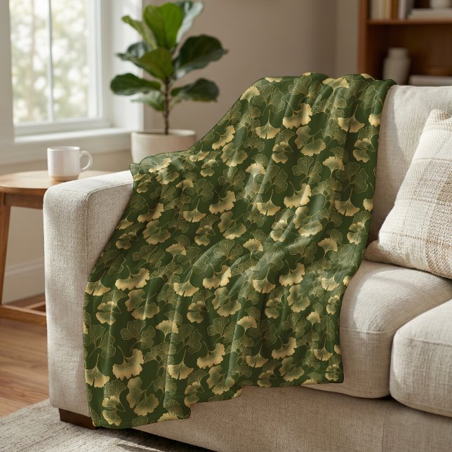 Elegant Ginkgo Leaf Pattern Olive Green Gold Fleece Blanket (Creator Uploaded)