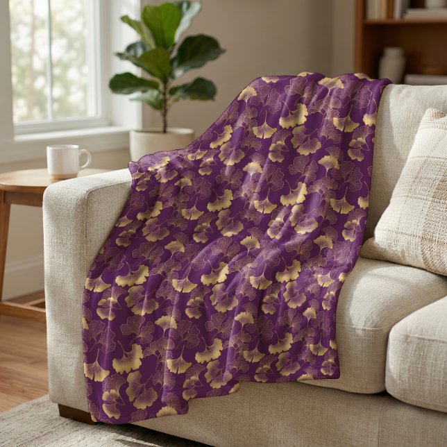 Elegant Ginkgo Leaf Pattern Purple Gold Fleece Blanket (Creator Uploaded)