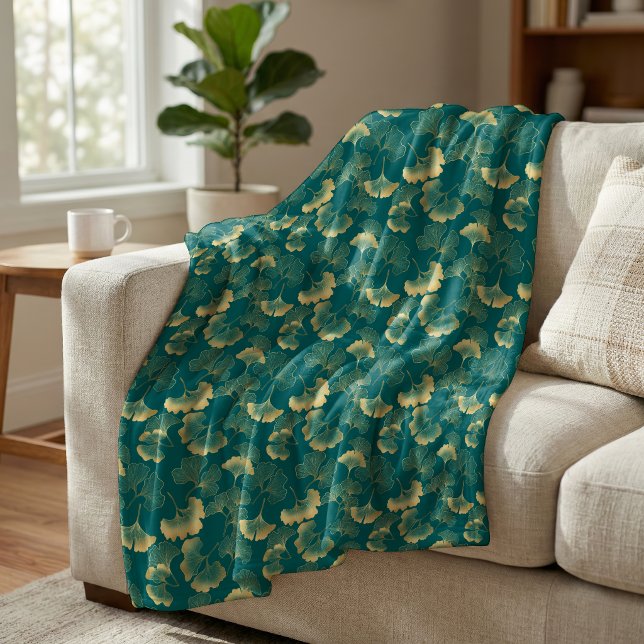 Elegant Ginkgo Leaf Pattern Teal Gold Fleece Blanket (Creator Uploaded)