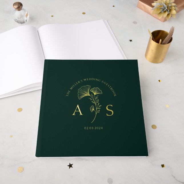 Elegant Ginkgo Leaves Emerald Green Wedding Foil Guest Book (Front Open)