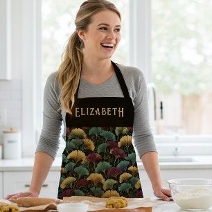 Elegant Ginkgo Pattern Custom Name Teal Burgundy Apron