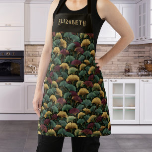 Elegant Ginkgo Pattern Custom Name Teal Burgundy Apron