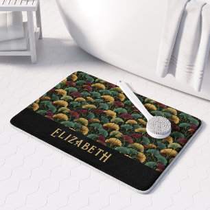 Elegant Ginkgo Pattern Monogram Name Jewel Tones Bath Mat