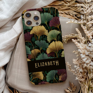 Elegant Ginkgo Pattern Monogram Name Jewel Tones Case-Mate iPhone 14 Case