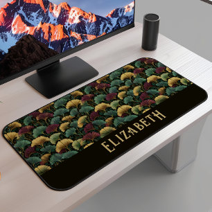 Elegant Ginkgo Pattern Monogram Name Jewel Tones Desk Mat