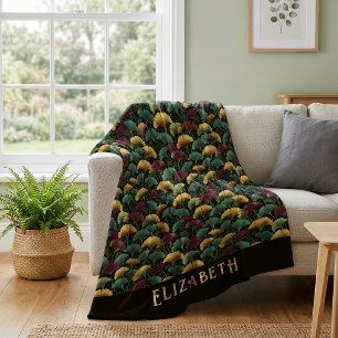 Elegant Ginkgo Pattern Monogram Name Jewel Tones Fleece Blanket