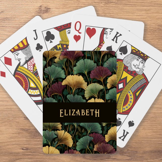 Elegant Ginkgo Pattern Monogram Name Jewel Tones Playing Cards (Creator Uploaded)