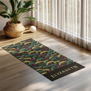Elegant Ginkgo Pattern Monogram Name Jewel Tones Yoga Mat