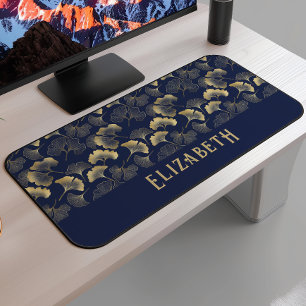 Elegant Ginkgo Pattern Name Navy Blue Gold Desk Mat