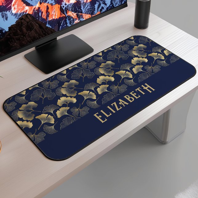 Elegant Ginkgo Pattern Name Navy Blue Gold Desk Mat (Creator Uploaded)