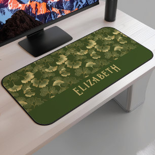 Elegant Ginkgo Pattern Name Olive Green Gold Desk Mat