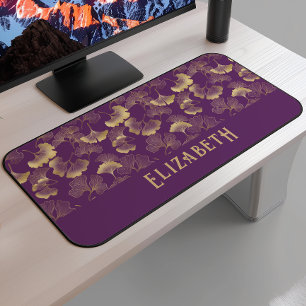 Elegant Ginkgo Pattern Name Purple Gold Desk Mat