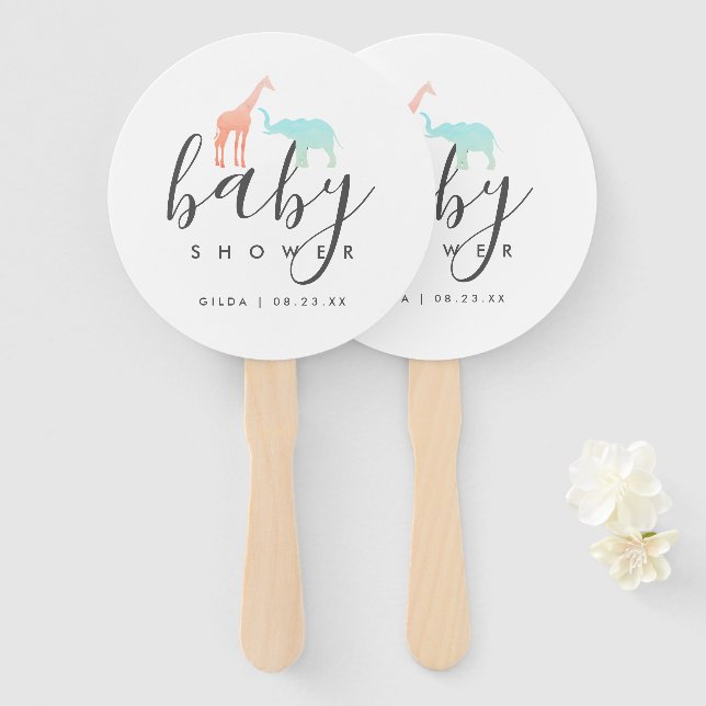 Elegant Giraffe Elephant Baby Shower Hand Fan (Front and Back)