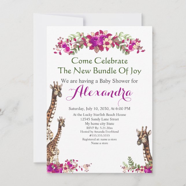 Elegant Giraffe Pink Floral Baby Shower invitation (Front)