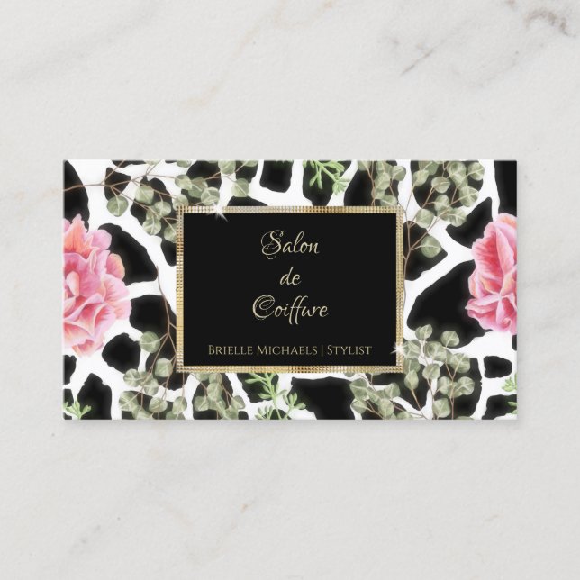 Elegant Giraffe Print Pink Roses Gold Frame Salon Business Card (Front)