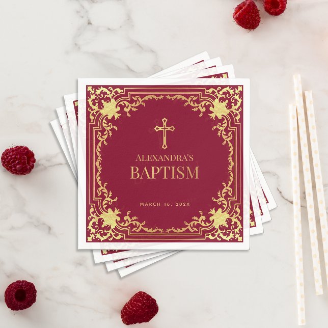Elegant Girl Baptism Burgundy Faux Gold Foil Cross Napkin (Creator Uploaded)