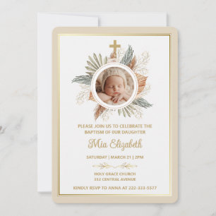 Elegant Girl Baptism Greenery Cross Photo Invitat Invitation