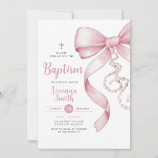 Elegant Girl Baptism Pink Bow Pearl Necklace Cross Invitation