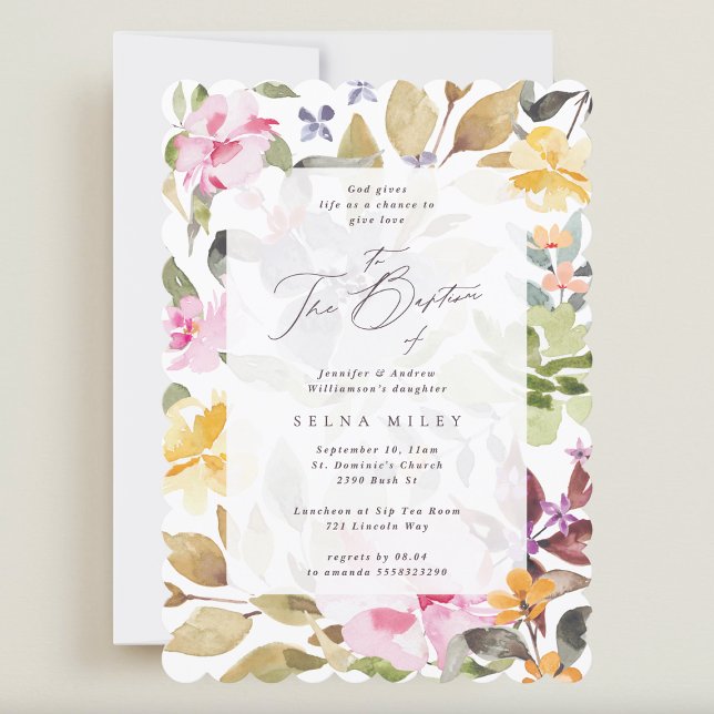 Elegant Girl Calligraphy Floral Frame Baptism Invitation (Creator Uploaded)