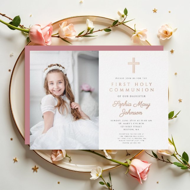 Elegant Girl Photo First Communion Rose Gold (Elegant Girl Photo First Communion Rose Gold Foil Invitation)