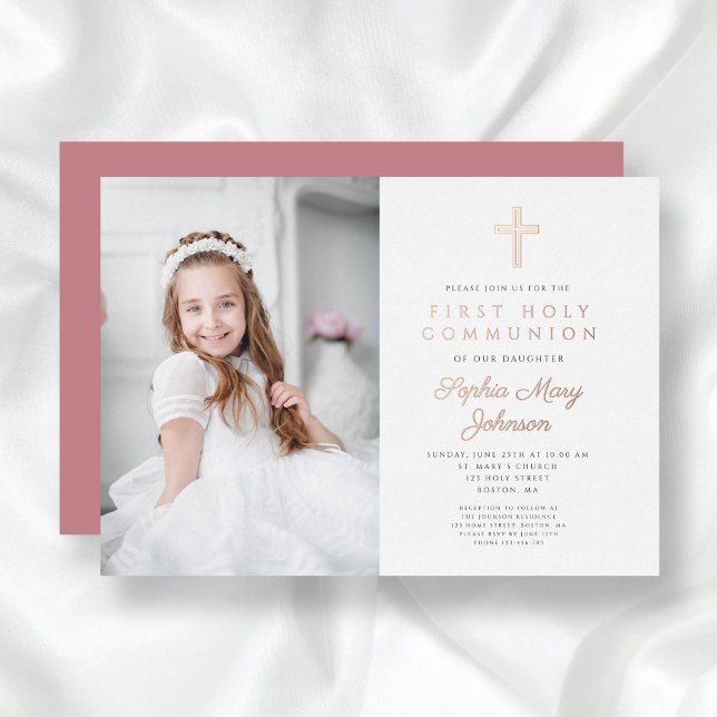 Elegant Girl Photo First Communion Rose Gold (Elegant Girl Photo First Communion Rose Gold Foil Invitation)