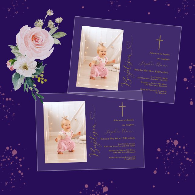 Elegant Girl Photo Gold Calligraphy Baptism Acrylic Invitations (Creator Uploaded)