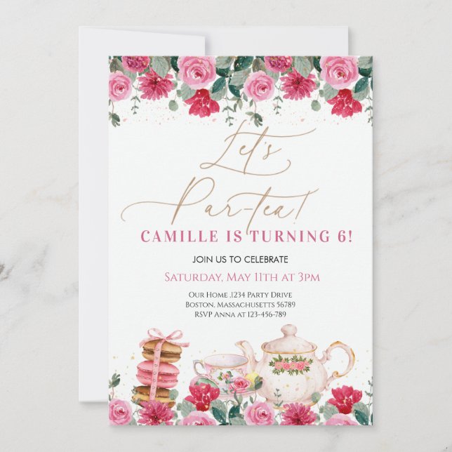 Elegant Girl Pink Floral Tea Party Birthday Invitation (Front)