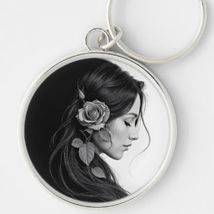 Elegant girl with flower in hair modern fine art key ring