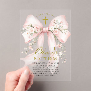 Elegant Girl's Christian Baptism Pink Floral Bow Acrylic Invitations