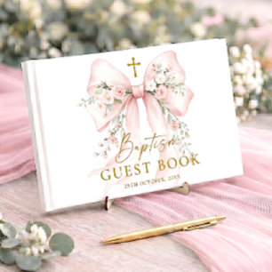 Elegant Girl's Christian Baptism Pink Floral Bow Guest Book