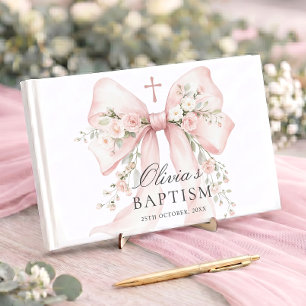 Elegant Girl's Christian Baptism Pink Floral Bow Guest Book