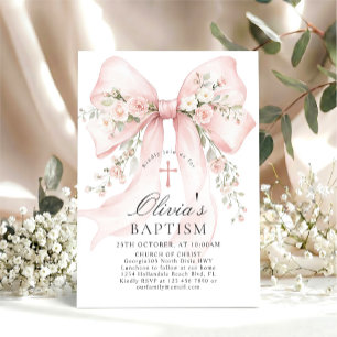 Elegant Girl's Christian Baptism Pink Floral Bow Invitation