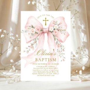 Elegant Girl's Christian Baptism Pink Floral Bow Invitation