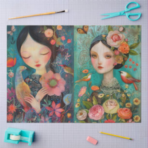 Elegant Girls Colorful Floral Decoupage Collage Tissue Paper