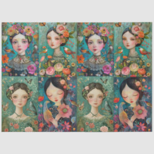 Elegant Girls Colorful Floral Decoupage Collage Tissue Paper