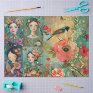 Elegant Girls Colorful Floral Decoupage Collage Tissue Paper