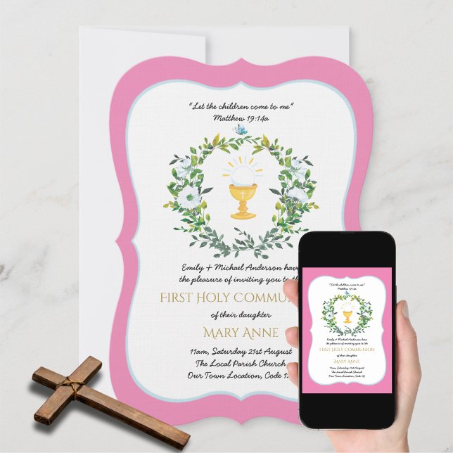 Elegant Girls Floral First Holy Communion  Invitat Invitation (Creator Uploaded)