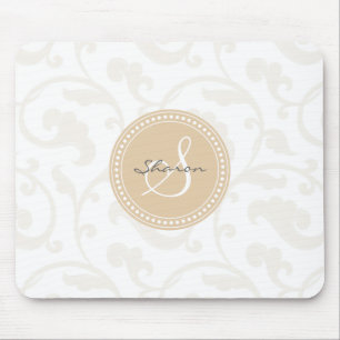 Elegant girly beige floral pattern monogram mouse pad
