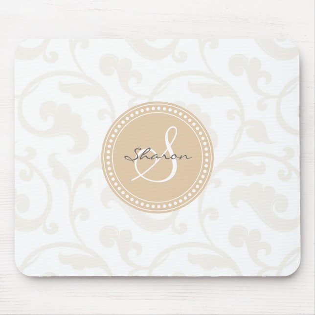 Elegant girly beige floral pattern monogram mouse pad (Front)